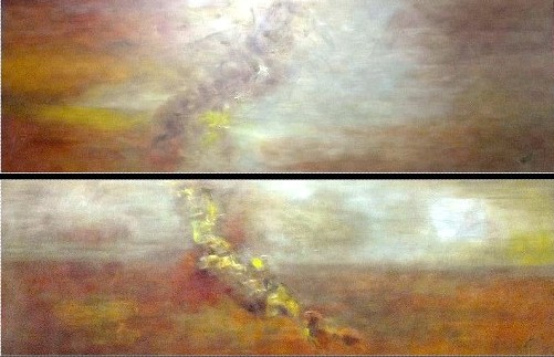 Interludes I and II, oil on linen, 20 X 60" each hung as a dip typh.  This work is based on the music in my soul, ever present, that sustains me through the worse of times and fills me with joy at the best of times.